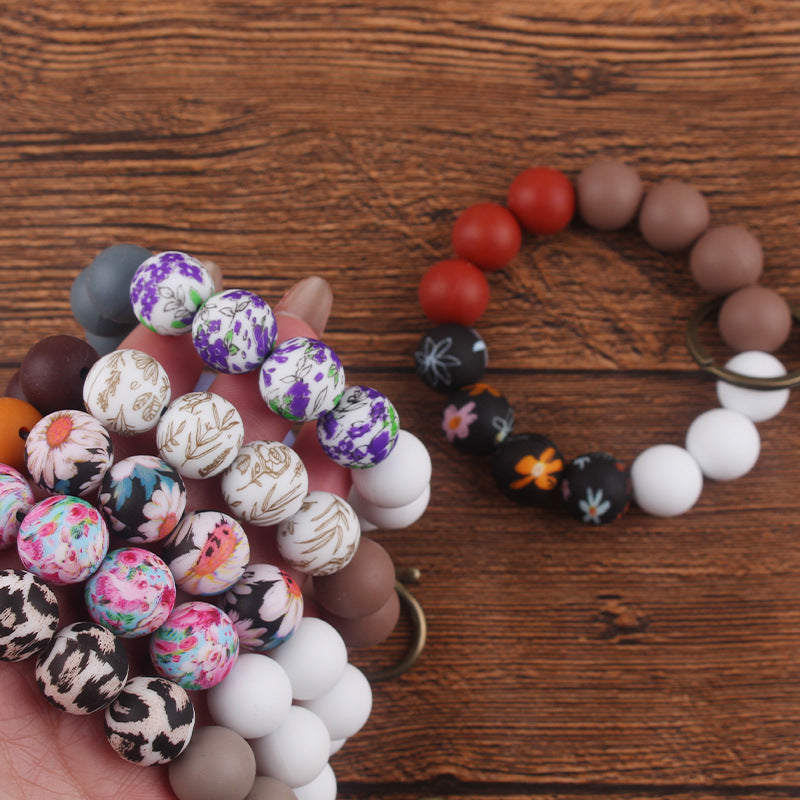 Wholesale 3pcs Printed Silicone DIY Printed Beaded Bracelet Keychain Accessories